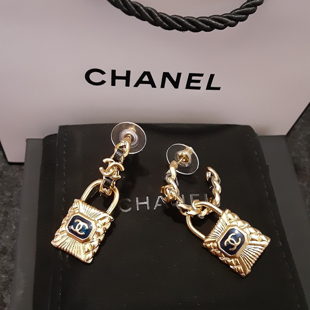 Chanel Metal Calfskin Lock Earrings